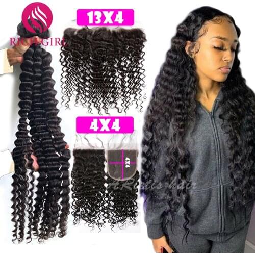 Richgirl Deep Wave Human Hair Bundles With Closure Brazilian Remy Hair Extension Natural Black Bundles With 13X4 Lace Frontal