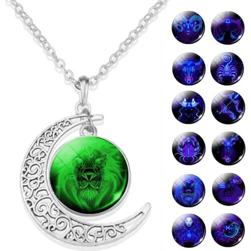 Luminous 12 Constellation Necklace Crescent Moon Pendant Glow In The Dark Zodiac Sign Necklace for Men Women Birthday Gift