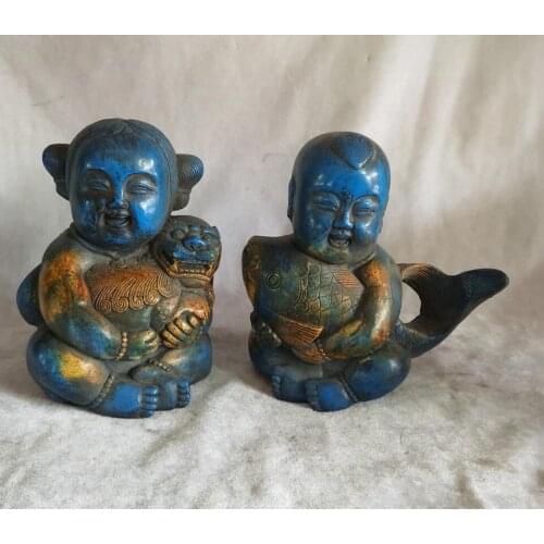 High: 15 CM!!! Art Collection 1 Pair Chinese Old Blue Stone Carving Boy And Girl Statue,Home decoration Sculpture