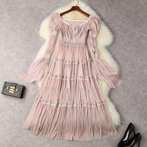 European and American womens wear for summer 2021 Long sleeve V-neck gauze bright silk Fashion pleated dress