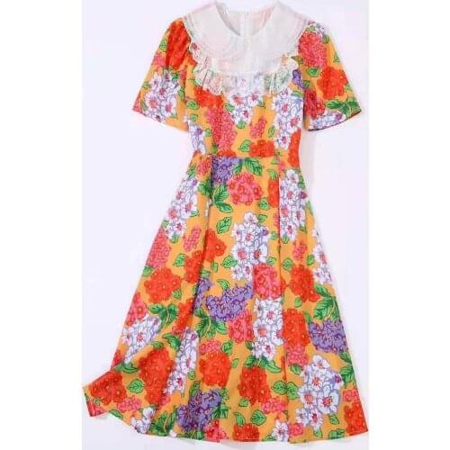 European and American womens wear for spring 2021 With short sleeves Round collar Floral print fashion pleated orange dress