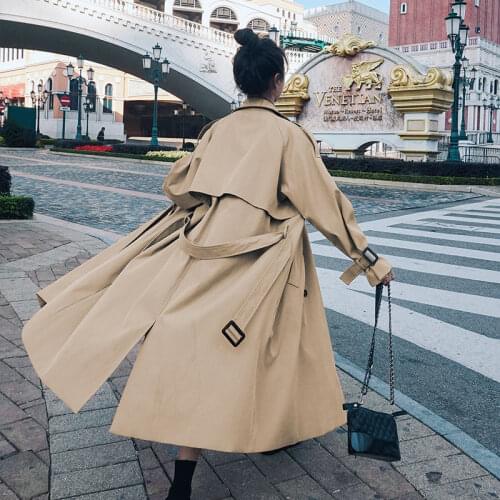 Khaki Female Windbreaker Streetwear 2021 Spring Autumn New style Korean Loose Ladies Long Coat With belt Women Trench Overcoat