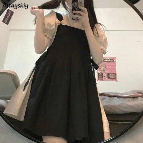 Sets Women Summer 2 Piece Outfit All-match Solid Simple Girl Kawaii Leisure Elegant Holiday Party Puff-sleeve Comfortable A-line