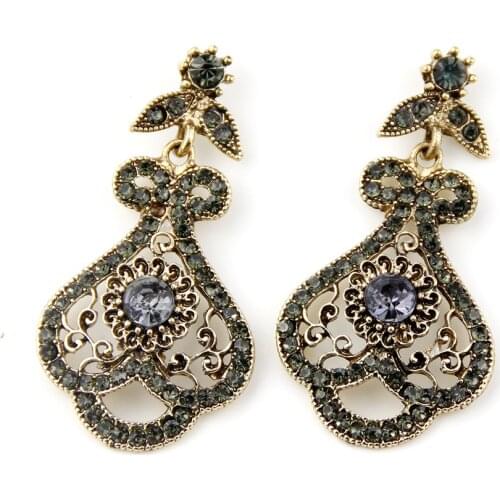 Sunspicems Vintage Bohemia Earring For Women Gray Crystal Flower Dangle Earring Boho Banquet Jewelry Antique Gold Color Bijoux