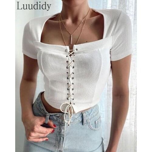 Women Eyelet Lace Up Solid Color Square Neck Crop Top