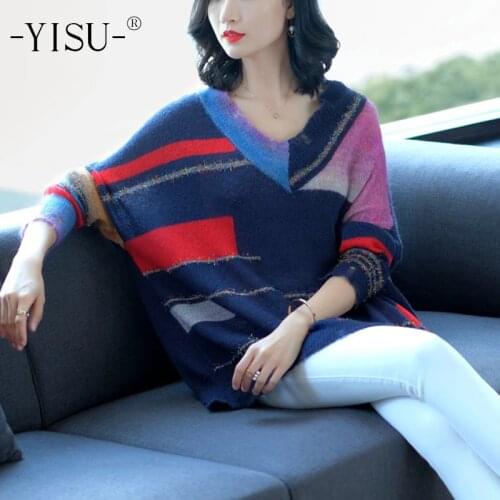 YISU wool Sweater Women autumn Winter Loose Long Sleeves Women Pullover Sweater Fashion stitching Mohair Sweater