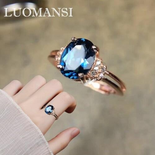 Luomansi Natural Blue Topaz Ring S925 Sterling Silver Gemstone Open Women Rings Rose Gold High Quality Jewelry
