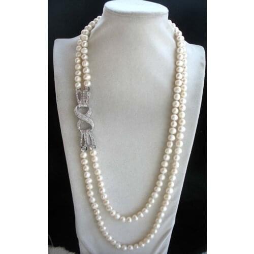 2rows freshwater pearl white near round 7-8mm necklace 23-25inch wholesale beads nature