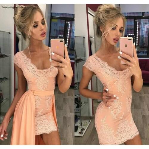 2019 Cheap Lace Cocktail Dress Sheath V Neck with Detachable Train Semi Club Wear Homecoming Party Gown Plus Size