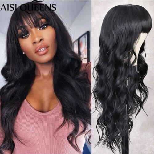 AISI QUEENS High Quality Long Body Wave Synthetic Wigs with Bangs Ship from Belgium Warehouse Free Shipping in Europe
