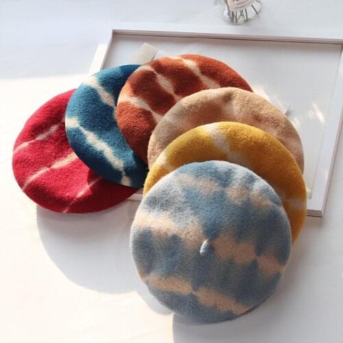 INS New Woman Wool Winter Beret Female Tie-dye Wool Cap Autumn Winter Hat Tie-dyed Top Quality Women Boina Sombrero Wholesales