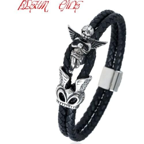 Genuine Leather Bracelet Men Angel Wings Stainless steel Bracelets