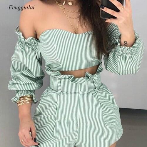 Women Sexy Off Shoulder Crop Top and Shorts Set Long Sleeve Two Piece Stripe Set Slash Neck Ruffle 2 Piece Outfit Set