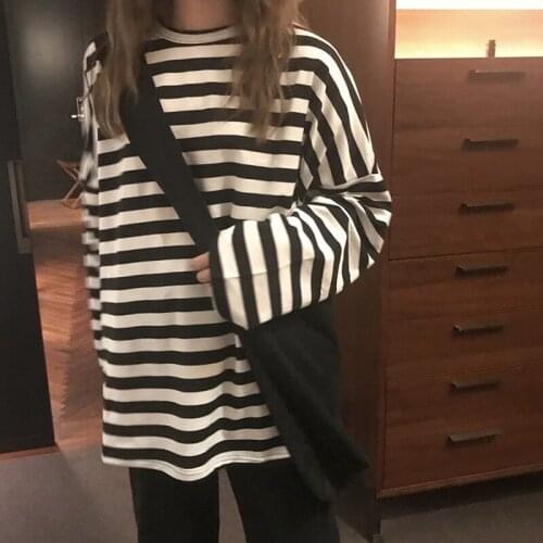 2021 Spring Autumn Women Harajuku Striped Tshirt Long Sleeve O-Neck T-Shirts Korean Casual Oversized T Shirt Femme Back Tops