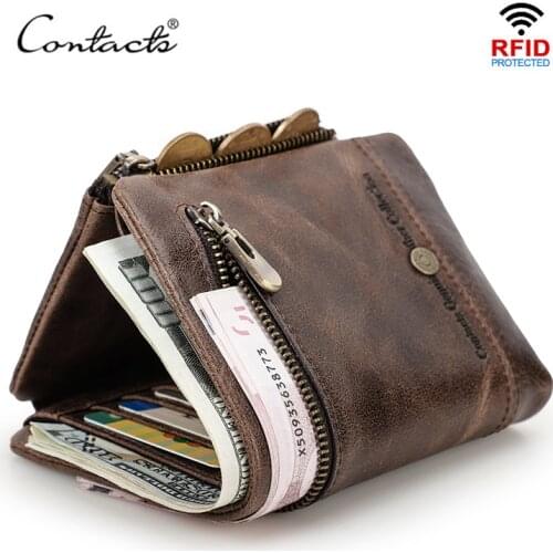 CONTACTS Casual Wallet Genuine Leather Men Wallets Short Male Purse Card Holder Zipper Coin Bag Quality Leather Man Wallet Rfid