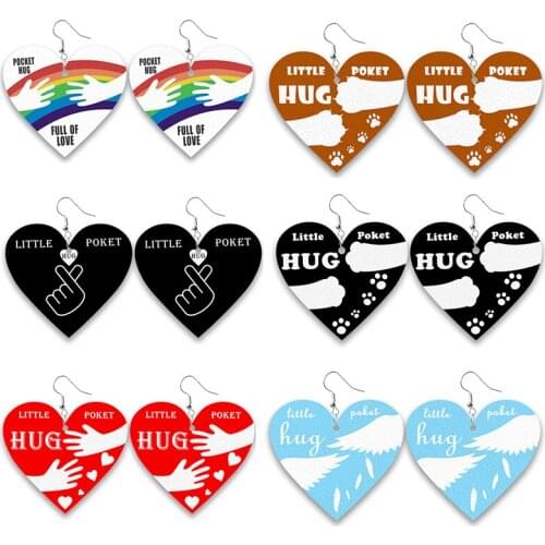 Rainbow Heart Shape Leather Earrings Female Little Pocket Hug Gifts Cute Bear Claw Wing Feather Pattern Fashion Dangle Earrings