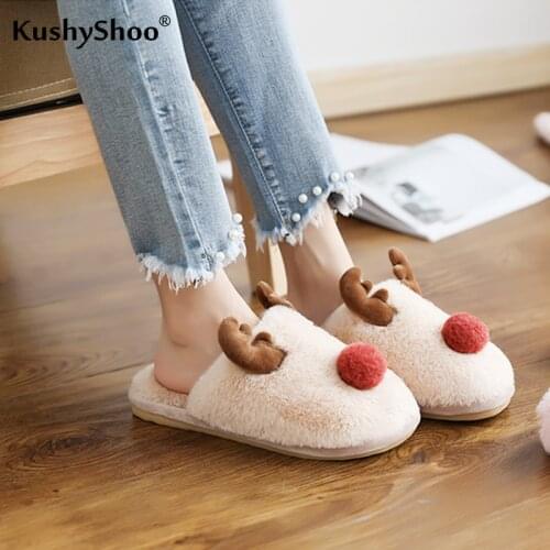 KushyShoo Fur Slides Women Winter Cute Plush Reindeer Couple House Slippers Warm Non-slip Men Slippers Women Zapatos De Mujer