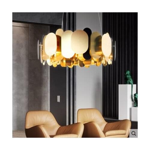Minimalist luxury living room chandelier round metallic restaurant bedroom designer model room stainless steel lamp gold
