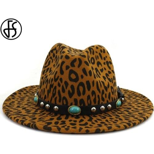 FS Unisex Men Leopard Prints Fedora Hats For Womens Wide Brim Wool Hat With Leather Belt Felt Jazz Cap Panama Trilby Cowboy Hat