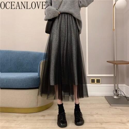 OCEANLOVE Faldas Mujer Mesh Shining Solid A-line High Waist Elegant Women Skirts Sweet Patchwork Japan Style Jupe Femme