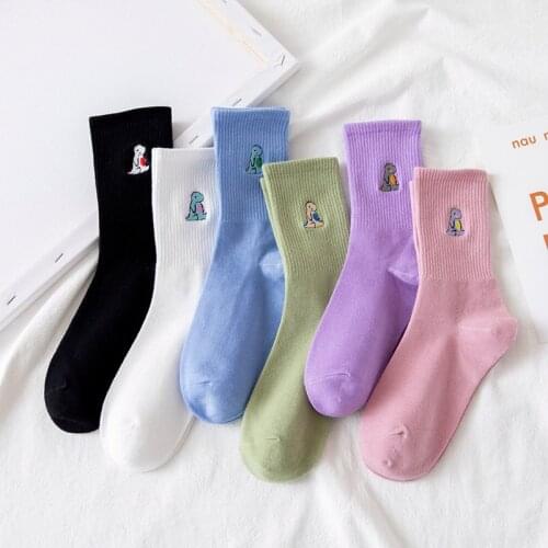 Pure Color Breathable for Women Cotton Socks Japanese Style Dinosaur Pattern Female Sock Cartoon Embroidery Long Socks 1Pair