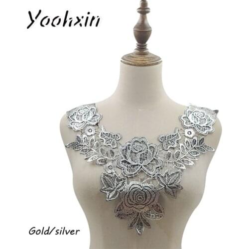 Luxury rose Gold silver flower Embroidery lace fabric trim ribbon DIY sewing applique collar craft guipure dress wedding decor