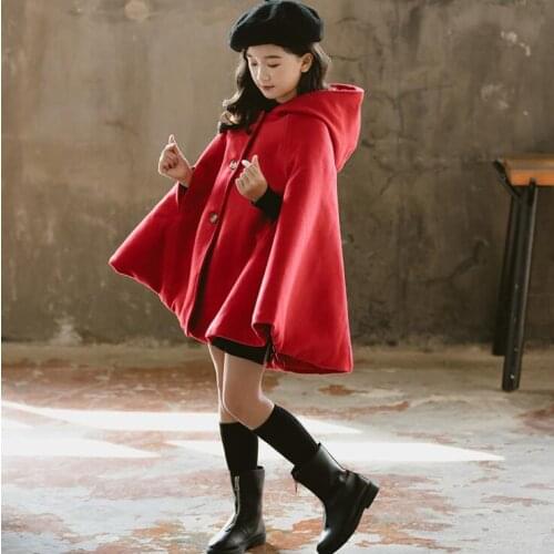 Girls Christmas Cloak Winter Teen Girls Red Single-breasted Hooded Thicken Wool Jacket Baby Girl Back Bow Shawl Children Outfits