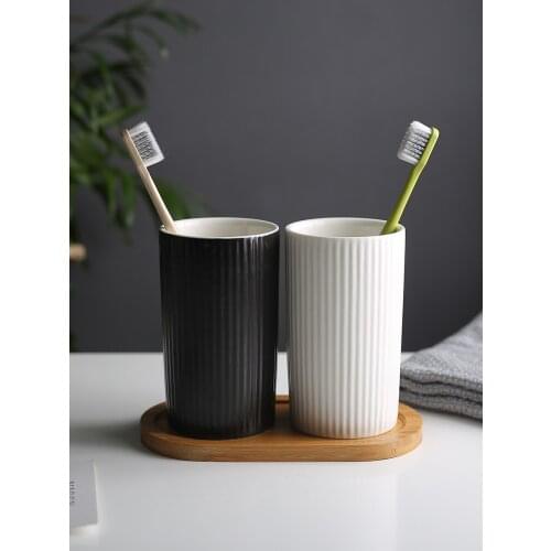 Bathroom Accessories Ceramic Washing Set Mouth Cup wih Wood tray for Kitchen Bathroom Home Decoration