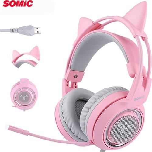 SOMIC G951 Pink USB LED Headset Lovely Cat Girl 7.1 virtual Gaming Headphones Vibration USB headphone for Computer PC Laptop