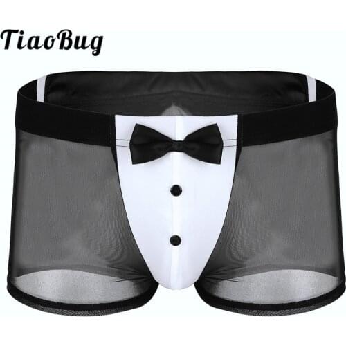 TiaoBug Mens Waiter Tuxedo Lingerie See Through Mesh Sexy Boxer Underwear with Back Rabbit Ears Men Erotic Panties