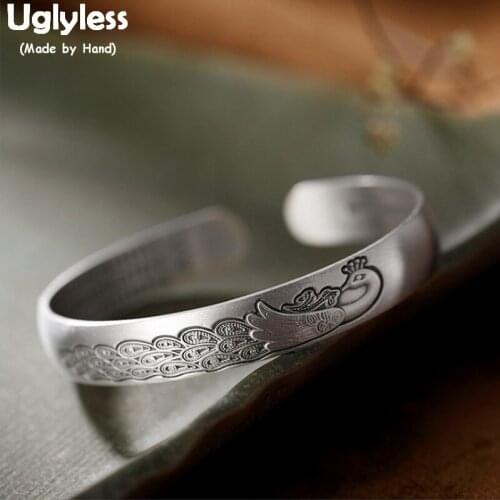 Uglyless Solid 999 Fine Silver Wide Bangles for Women Princess Peacock Bangle Free Size Buddhistic Heart Sutra Gifts Jewel BA590