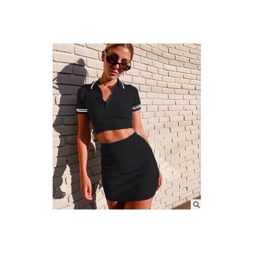 2Pcs Women Summer Outfit Shirt Collar Short Sleeves Crop Tops + Knitted Middle Dress Butt Skirt Suit for Girls Streetwear