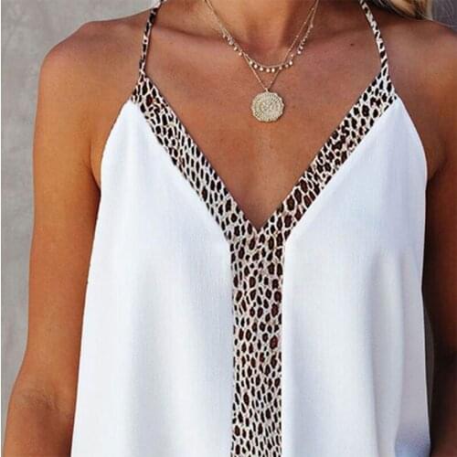 Women Summer Sexy Halter Deep V-Neck Tank Top Leopard Color Block Patchwork Camisole Casual Loose Sleeveless Sling Vest