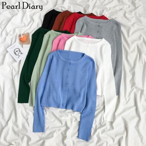 Pearl Diary Women Fine Knit Cardigan Top Crew Neck Button Front Long Sleeve Femme Casual Spring Light Knit Cropped Cardigan New