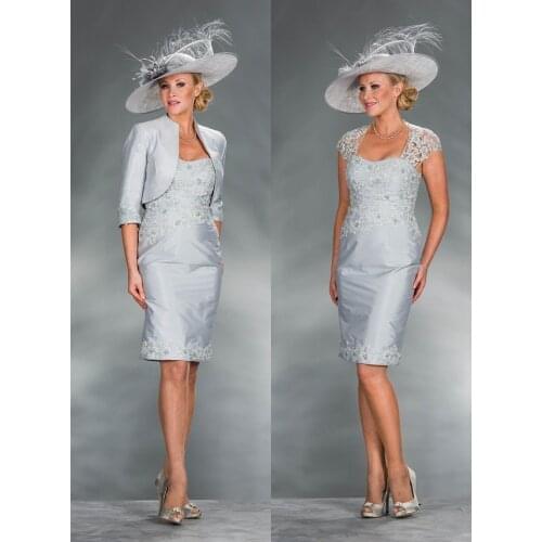 Free shipping robe de soiree 2021 new fashion gorgeous two pieces plus size silver short Mother of the Bride Dresses with jacket