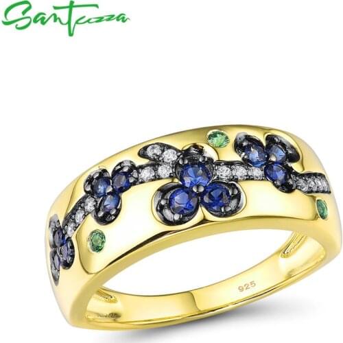SANTUZZA Silver Rings For Women Pure 925 Sterling Silver Gold Color Sparkling Blue Stones Delicate Flowers Trendy Fine Jewelry