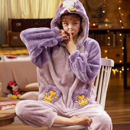 Winter Pajamas Plus Size Flannel Nighty Women Sleepwear Cartoon Hooded Plush Fashion Home Wear Add Fleece Coral Velvet Nightgown