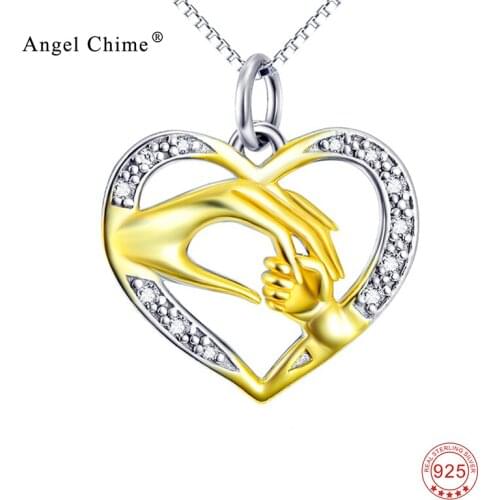 Mom And Child Hand In Hand Gold Pendant Pure 925 Sterling Silver Crystal Love Heart Charm Statement Necklaces Mothers Day Gift