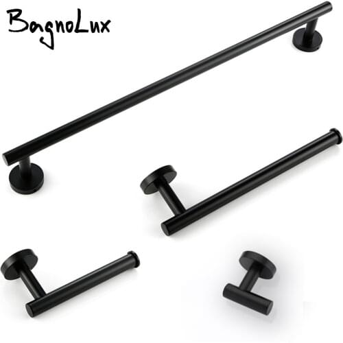 Towel Bar Wall Mounted Bathroom Accessories Kit Matt Black Toilet Paper Holder WC Hand Robe Hook Hanger Stainless Steel Round