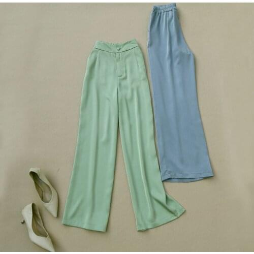 Trendy Womens Satin Loose Pants Office Lady Summer Thin Silky Wide Leg Elastic Waist Suit Trousers Suit Pants