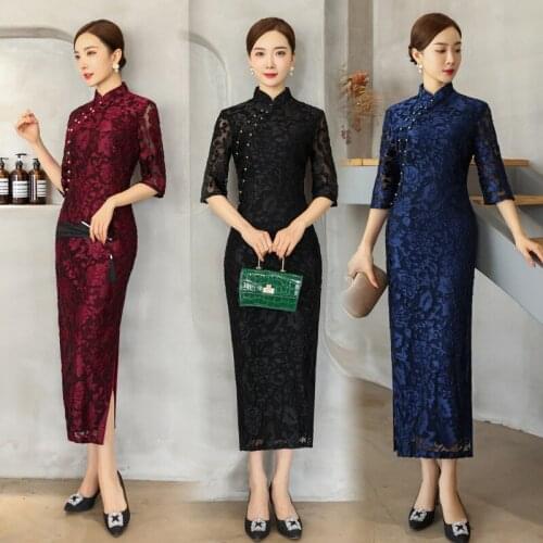 Cheongsam Retro Elegant Long Slim Dress High Slit Wrinkled Lace Edge Costume Mothers Wear
