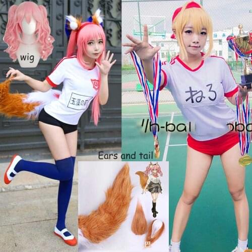 FGO Fate Grand Order Tamamo no Mae Gym Suit Sports Wear Tops Shorts Uniform Outfit Anime Cosplay Costumes Wig and ear tail