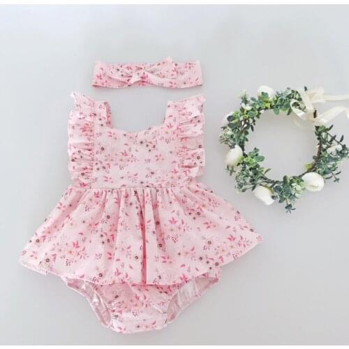 Flofallzique 2021 New Sweet Pink Little Flower Square Neck Ruffled Girl Romper For Newborn Party Casual Daily Easter