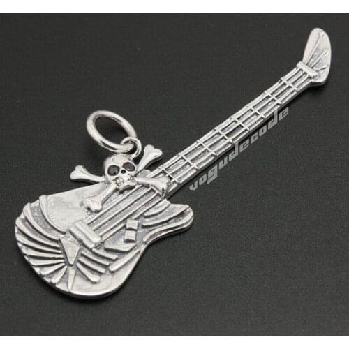 Guitar Metal Rock Skull Solid 925 Sterling Silver Mens Rock Punk Pendant 8B022