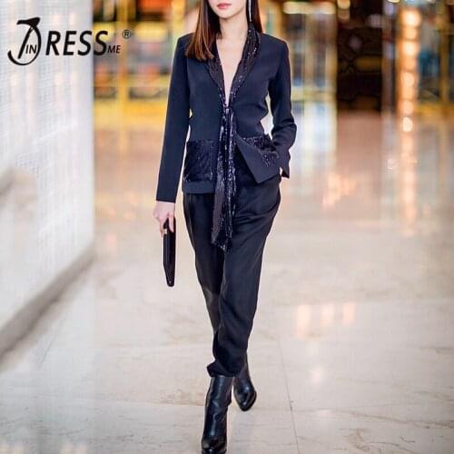 INDRESSME 2019 New Lady Black Two Piece Sets Sequins V-Neck Women Suit Set Full Sleeve Long Pant Office Lady Set