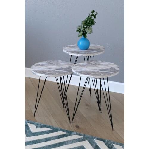 Elite 3 pcs Round Zigon Coffee Table-White marble pattern made in turkey