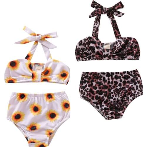 Toddler Girls Leopard Printing Swimsuit Baby Sleeveless Halter Top+Shorts Summer Two-pieces Swimming Wear