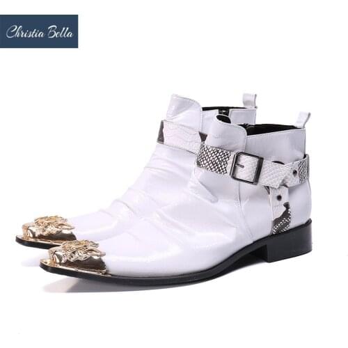 Christia Bella Fashion Man Real Leather Buckle Boots Metal Pointed Toe Man Zip Boots Large Size British Style Formal Party Boots