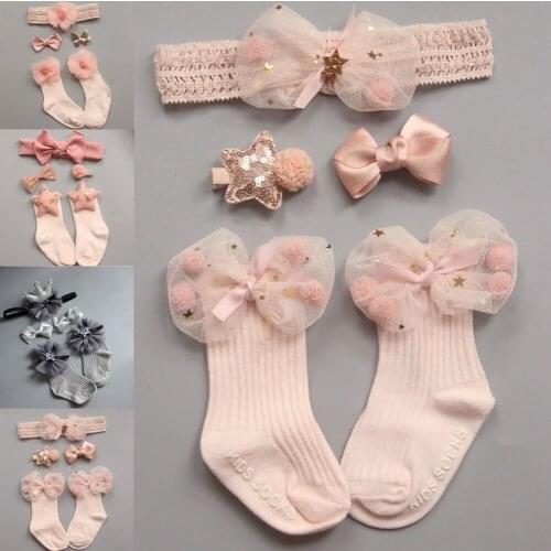 4Pcs Newborn Baby Girls Socks Sets Non-Slip Bow Knot Socks Hair Clips Elastic Headband Infant Toddler Cute Leg Warmer Socks