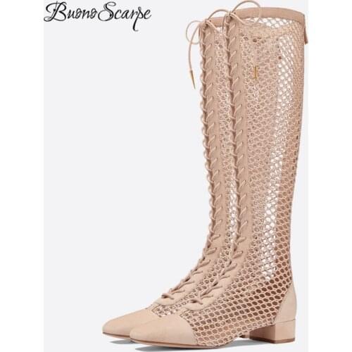 New Arrival 2019 Mesh Cross Tied Summer Boots Back Zipper Mesh Botas Mujer See Through Women Lace Up Shoes Brand Design Shoes